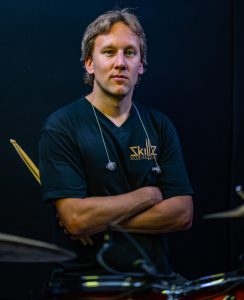 About Skillz Drum Lessons Team Picture of Bob Schillemans behind the drum set used to record pop and rock drum lessons